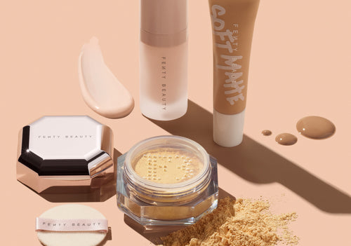Fenty Beauty minis product shot including Pro Filt'r Mini Primer, Pro FIlt'r Mini Foundation, and Pro Filt'r Mini Setting Powder.