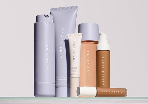 Fenty Skin Hydra Vizor, Total Cleans'r, Blemish Defeat'r, Fat Water Toner, Pro Filt'r Longwear Foundation, and Pro Filt'r Concealer on a white background.