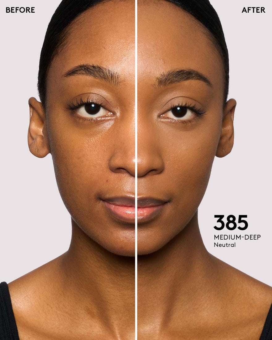 before and after photos of model wearing Fenty Beauty Pro Filt'r Instant Retouch Concealer in medium-deep shade