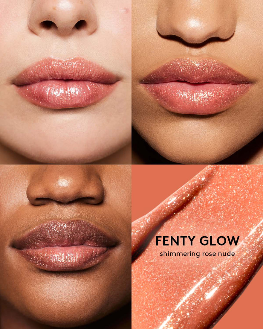 Macro shot of 3 models with light, medium, and deep skin tones wearing Gloss Bomb Stix High-Shine Gloss Stick in Shimmering Fenty Glow.