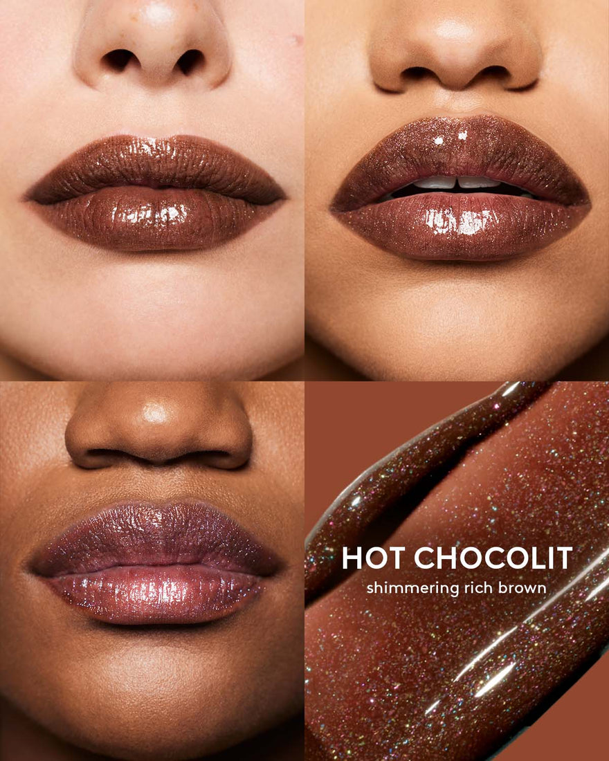 Macro shot of 3 models with light, medium, and deep skin tones wearing Gloss Bomb Stix High-Shine Gloss Stick in Shimmering Hot Choclit.