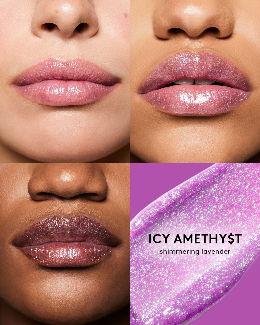 Macro shot of 3 models with light, medium, and deep skin tones wearing Gloss Bomb Stix High-Shine Gloss Stick in Shimmering Icy Amethyst.