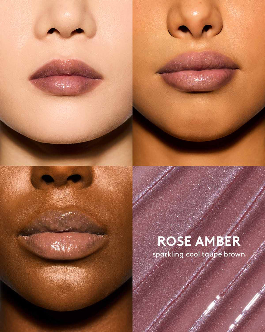 Gloss Bomb Oil Luminizing Oil and  Gloss in shade Rose Amber on light, medium, and deep skin tones. Supafine Suga is a sparkling cool taupe brown.