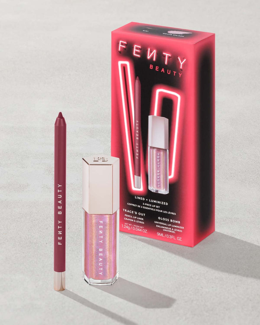 Fenty Beauty lip products including a lip liner and gloss with packaging on a light gray background