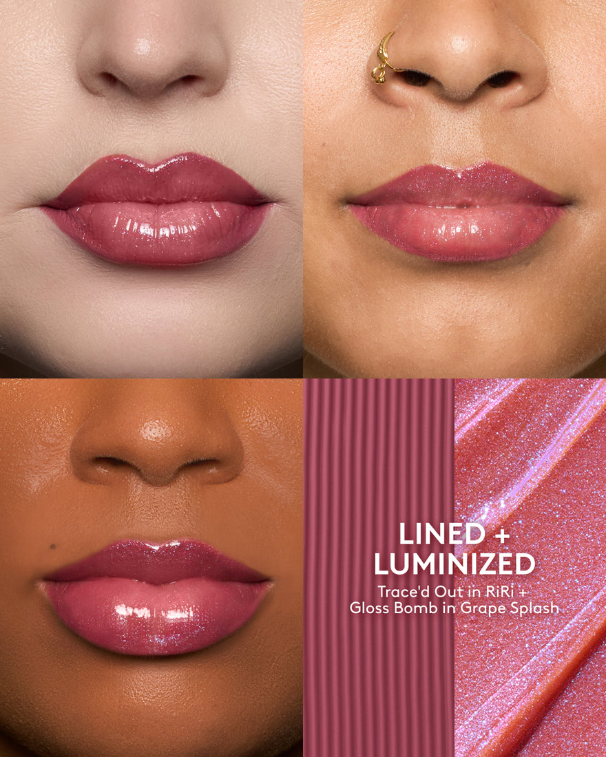 Close-up of lips with a pink lip gloss, showing color on skin tones.