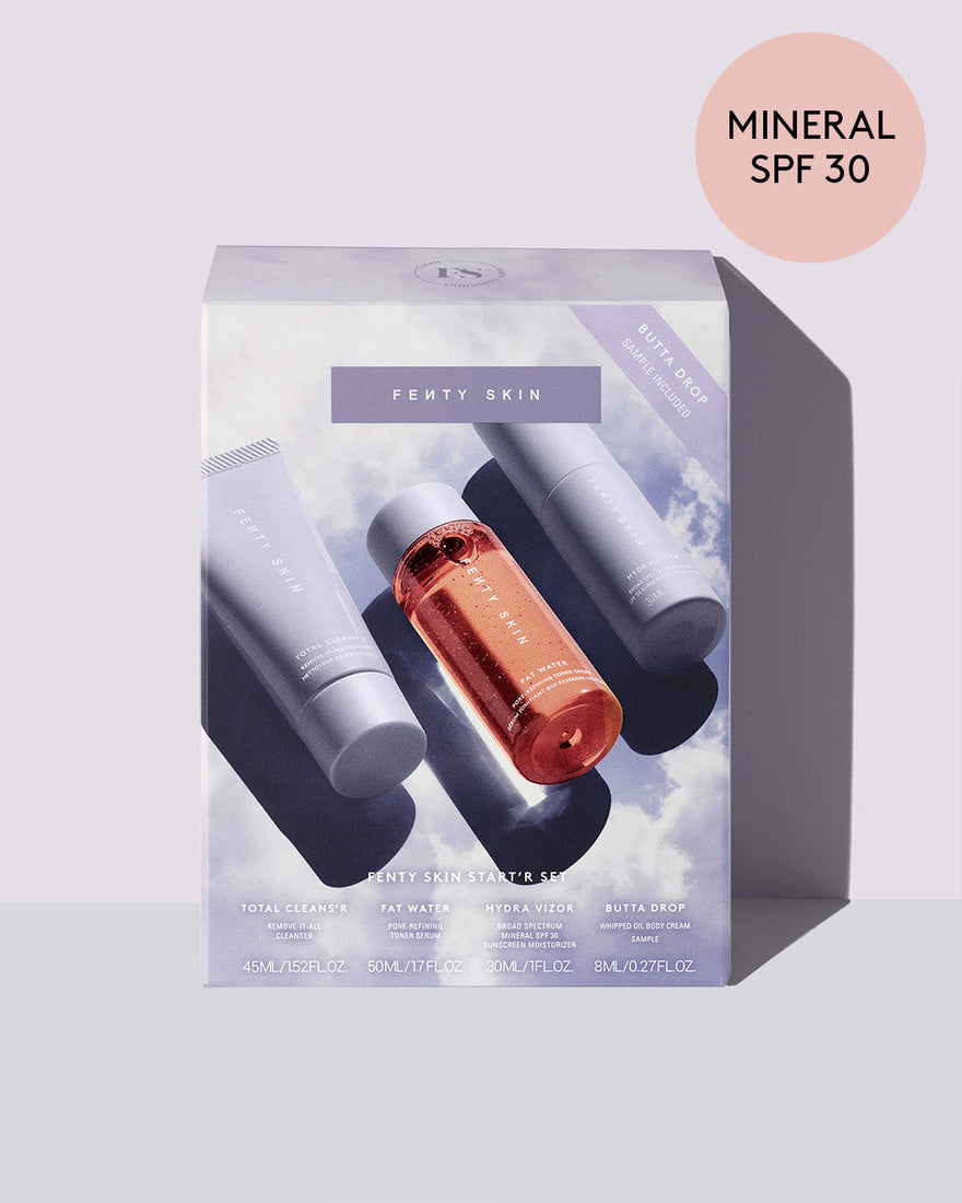 Box of Fenty Skin Start'r Set with Mineral SPF containing travel size versions of Total Cleans’r Face Cleanser, Fat Water Serum Toner, and Hydra Vizor Mineral Sunscreen.