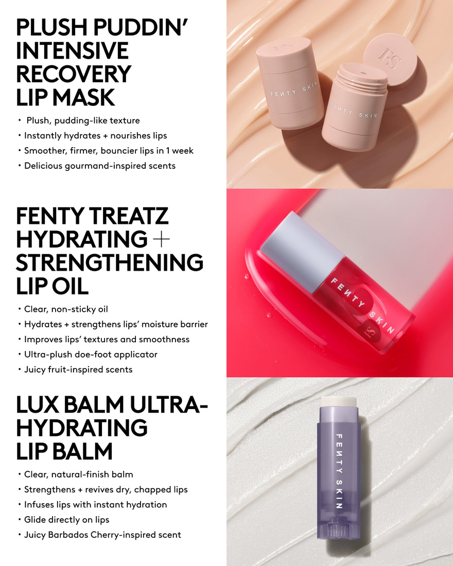 infographic speaking to the benefits of all 3 fenty skin lip treatments 