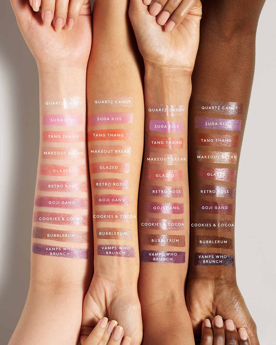 All shades of Slip Shine Sheer Shiny Lipstick shown on a variety of skin tones arms